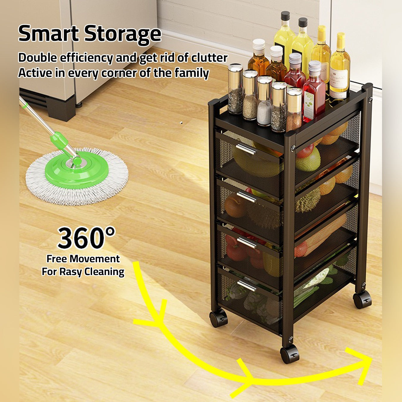 Multi-Layer Drawer Kitchen Trolley Rack Organized With Storage Dispensers, Fruits and Vegetables.