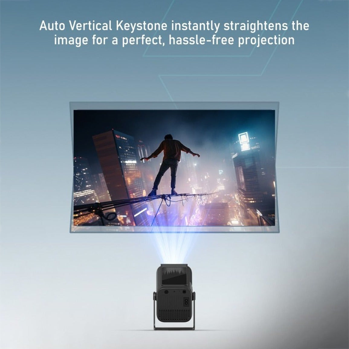 Moxedo Astra Smart Android Projector  projecting a cityscape onto a screen with text about Auto Vertical Keystone correction.