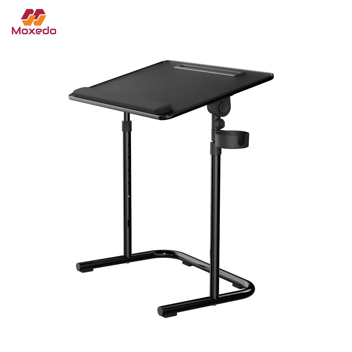 A Moxedo FlexMate Adjustable Height Desk with a slanted writing surface, support arm, and curved metal legs, shown on a plain white background.