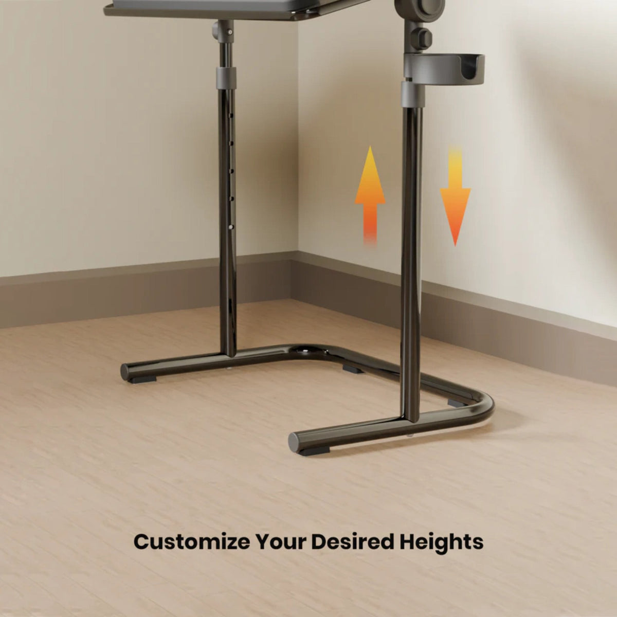 Moxedo FlexMate Adjustable Height Laptop Desk  in a room corner with floor and wall visible, showing the lower support legs and height-adjustment arrows with the text 'Customize Your Desired Heights' at the bottom.