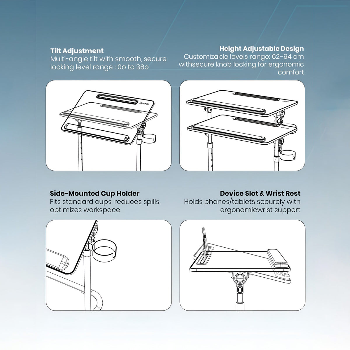 A product feature infographic for an Moxedo FlexMate Adjustable Height Laptop Desk , showing four black-and-white line drawings with explanatory text: tilt adjustment, height adjustable design, side-mounted cup holder, and device slot and wrist rest, on a blue gradient background.