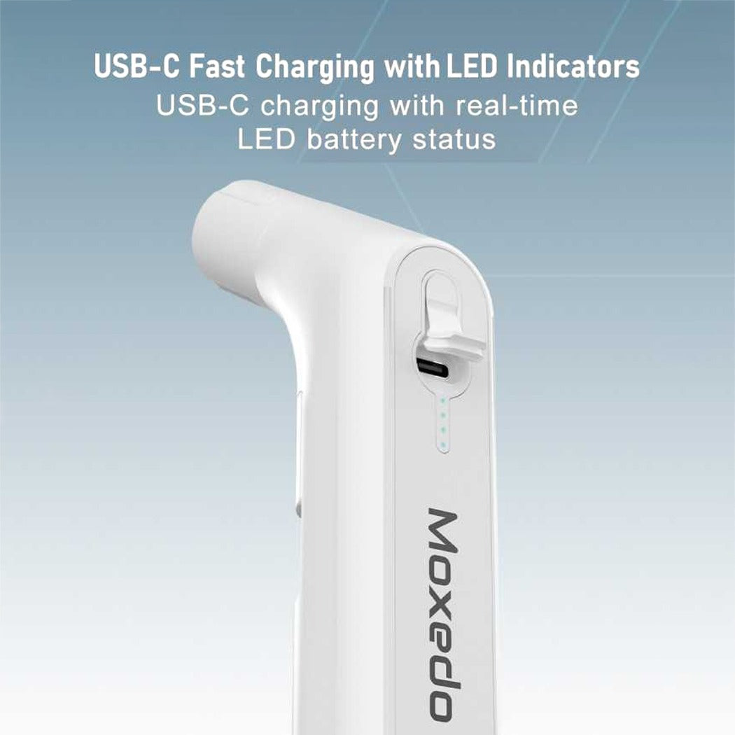A Moxedo JetStream Portable Electric Bidet Sprayer shown on a light blue gradient background with promotional text about fast charging and LED battery status indicators.