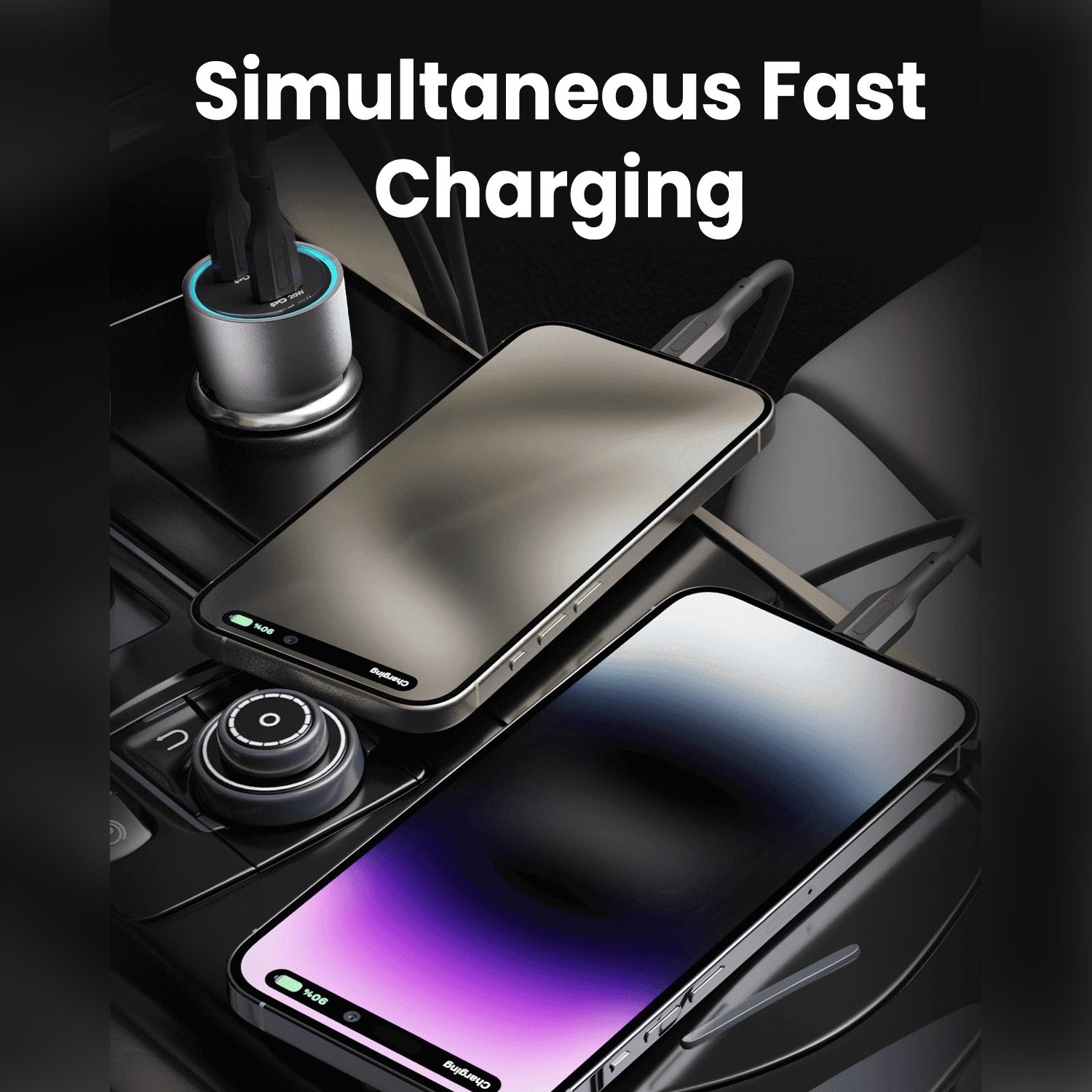 Two smartphones charging simultaneously on a dark car console with a Moxedo Lite 40W Fast Car Charger and a power outlet visible, under the text 'Simultaneous Fast Charging'.