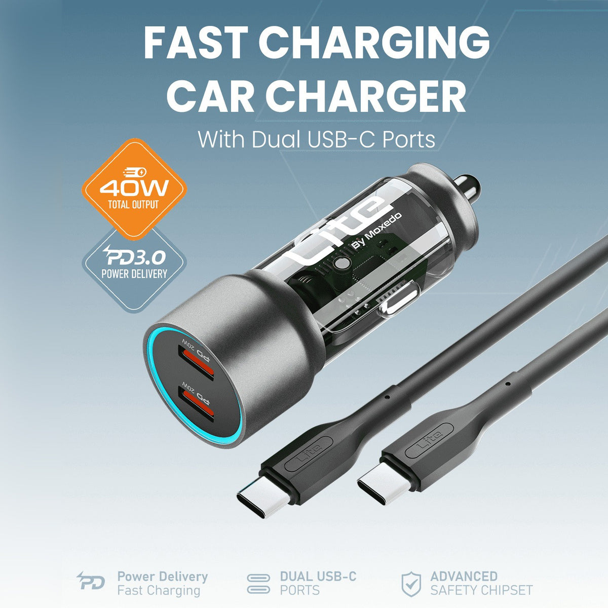 A Moxedo Lite 40W Fast Car Charger  with two USB-C ports, shown with a matching USB-C cable on a blue gradient background. The charger body is dark gray and black with a clear window, and the cable is black with a USB-C connector on each end.