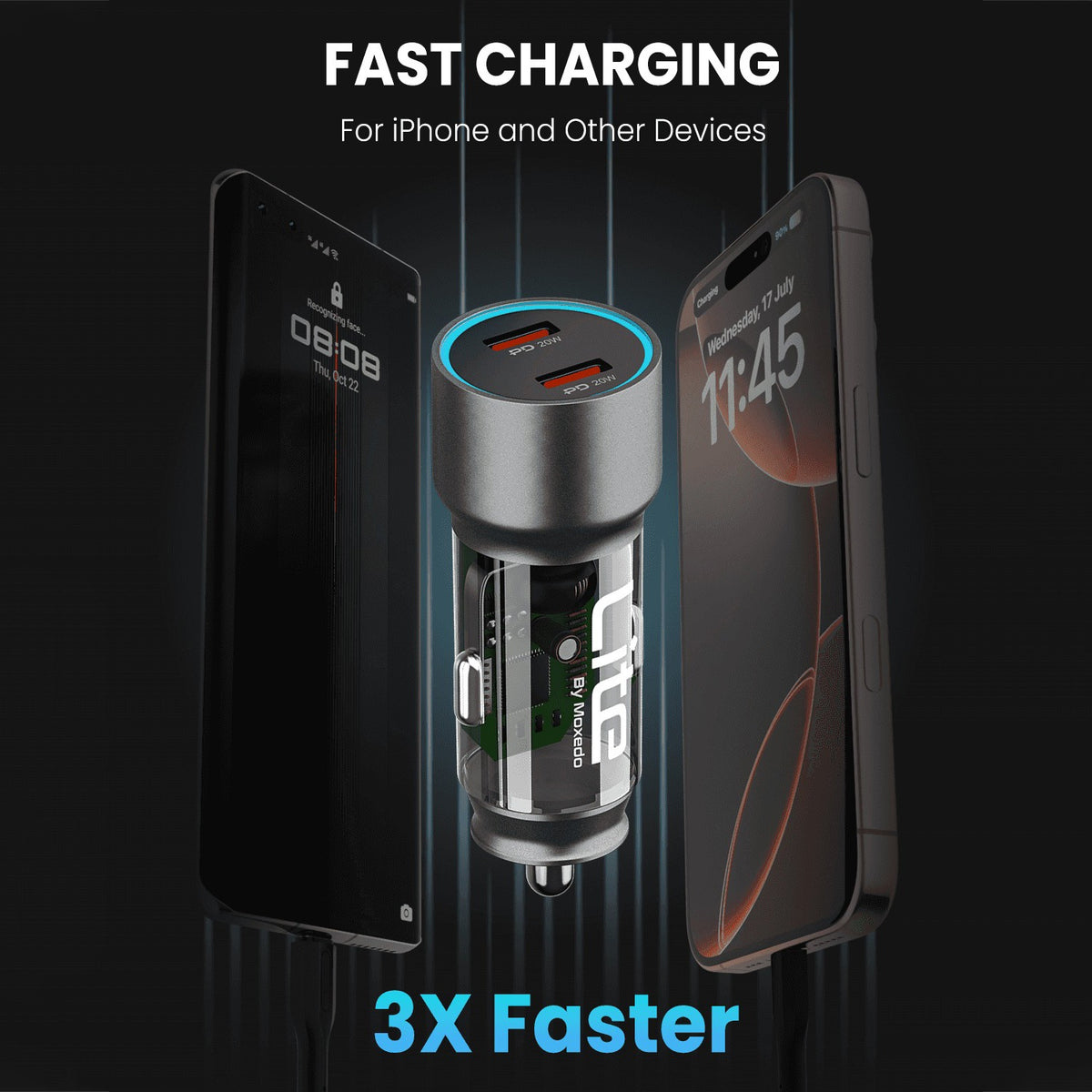 A Moxedo Lite 40W Fast Car Charger with two USB-C ports and one USB-A port, shown charging two smartphones. The product has a metallic silver and black body with a blue LED light ring.