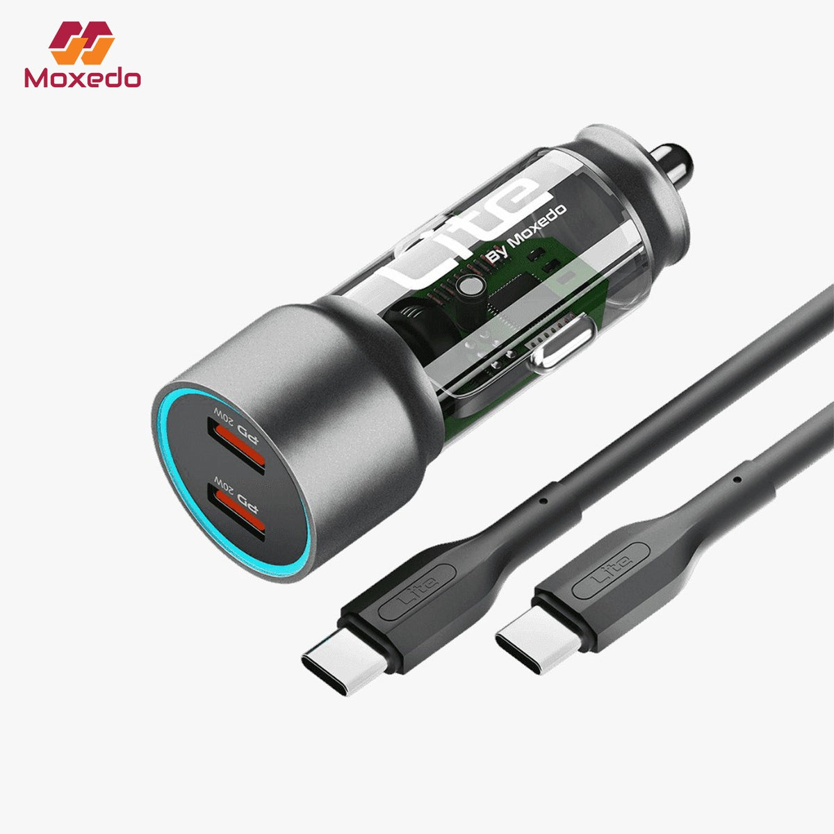 A Moxedo Lite 40W Fast Car Charger  and cable set on a light gray background. 