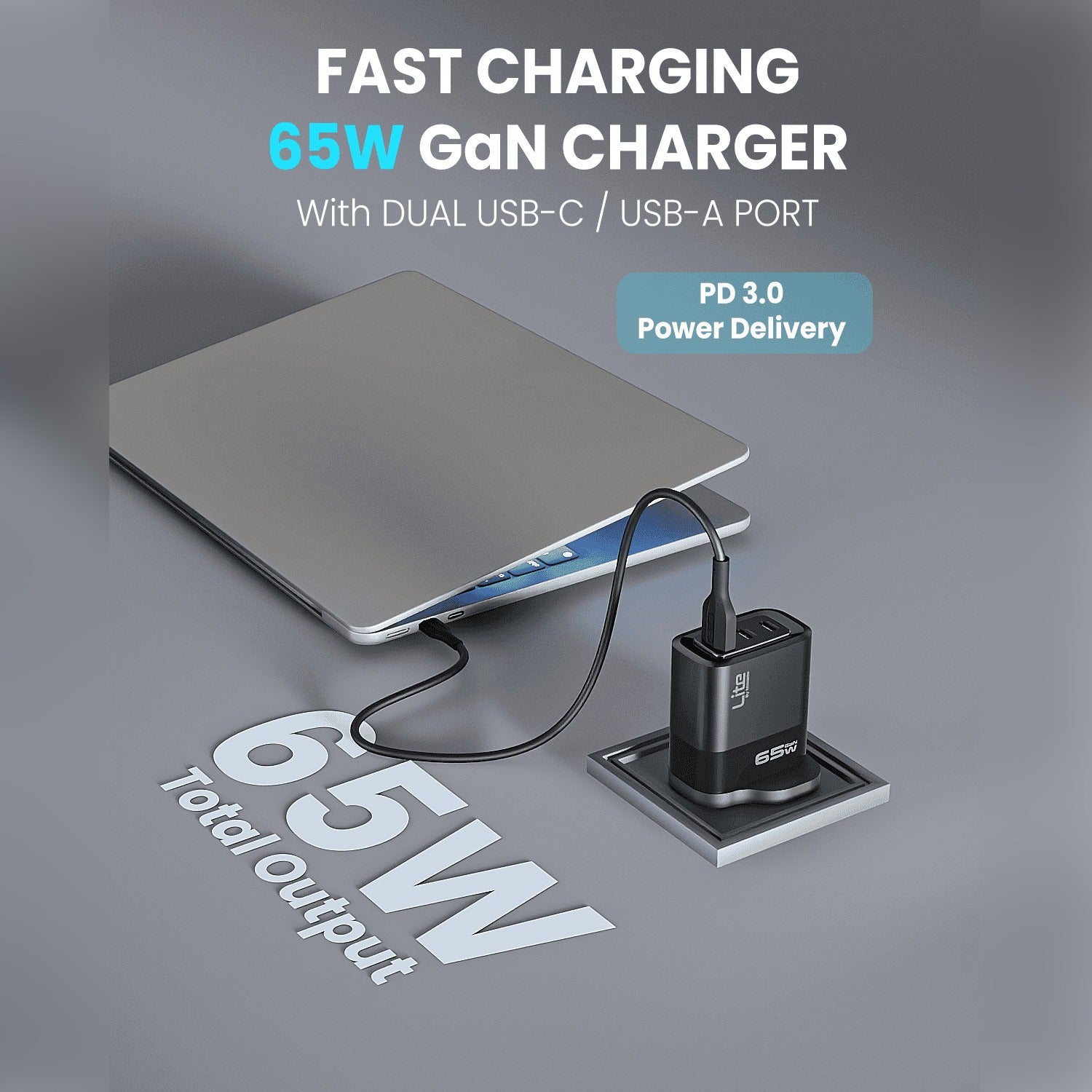 A Laptop is Connected to Moxedo Lite 65W GaN Charger.