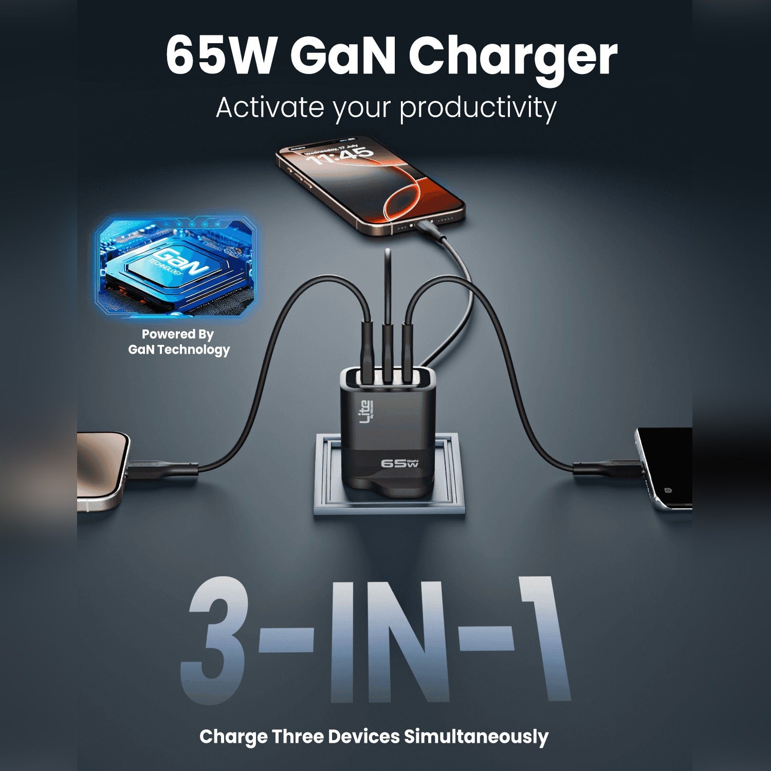 Multiple Mobile Phones are Connected to Moxedo Lite 65W GaN Charger.