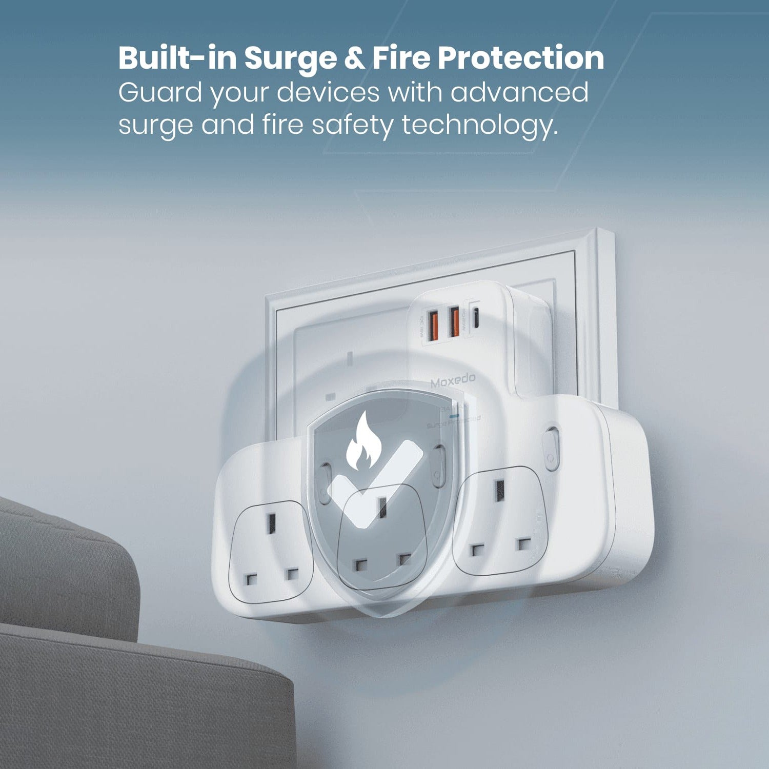 Moxedo Multi-Plug Power Extension Adapter is Connected to Power.