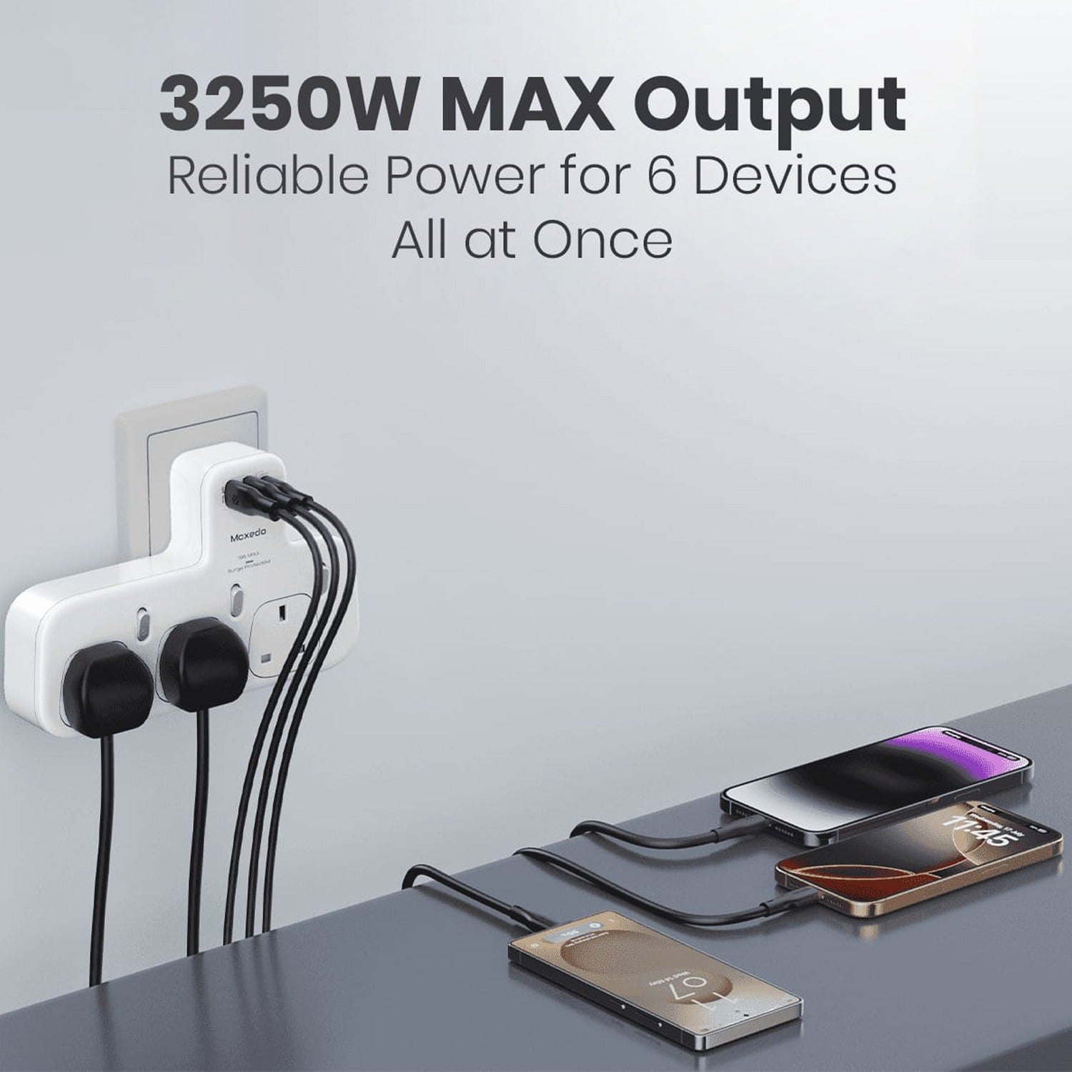 Phones are Connected to Power Using Moxedo Multi-Plug Power Extension Adapter.