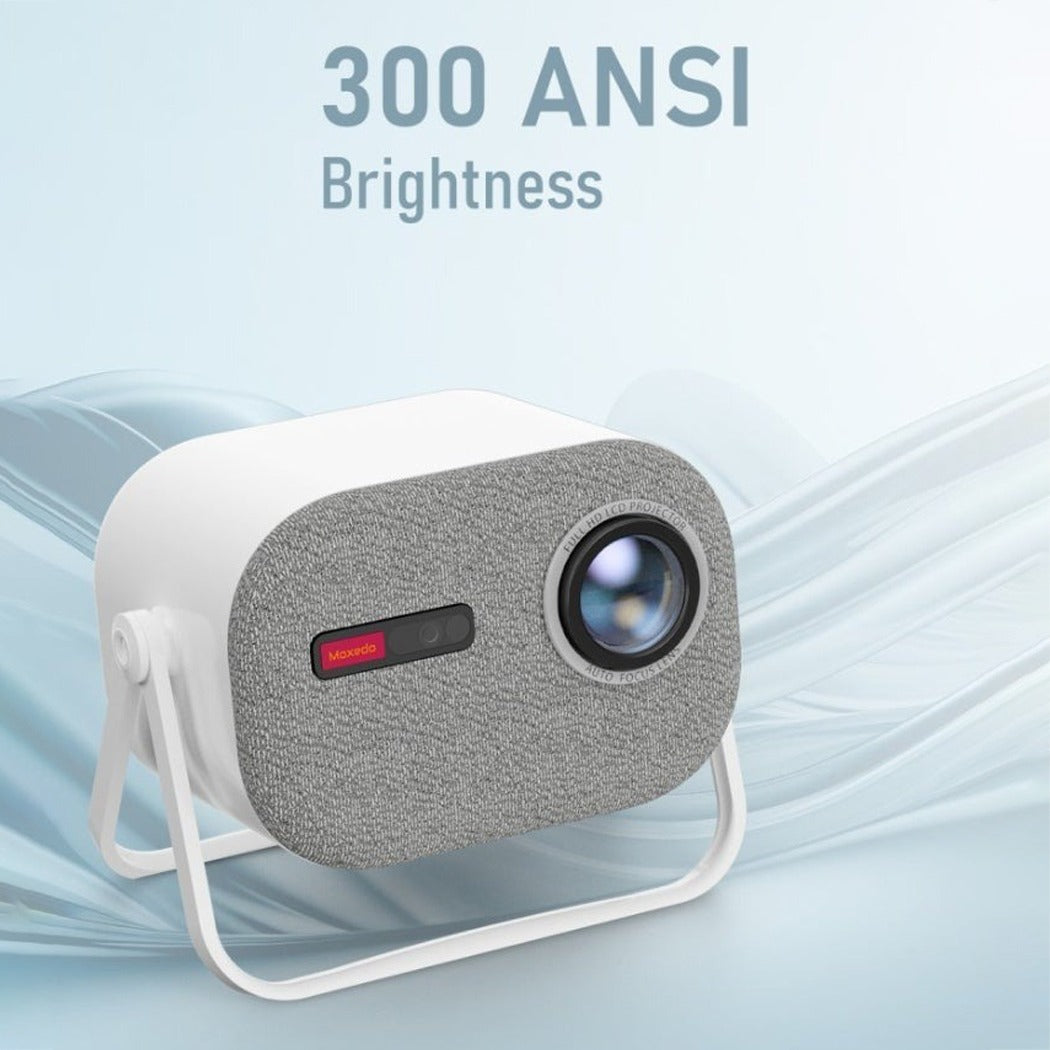 Moxedo Optivus Smart Android Projector with 300 ANSI brightness on a light blue background