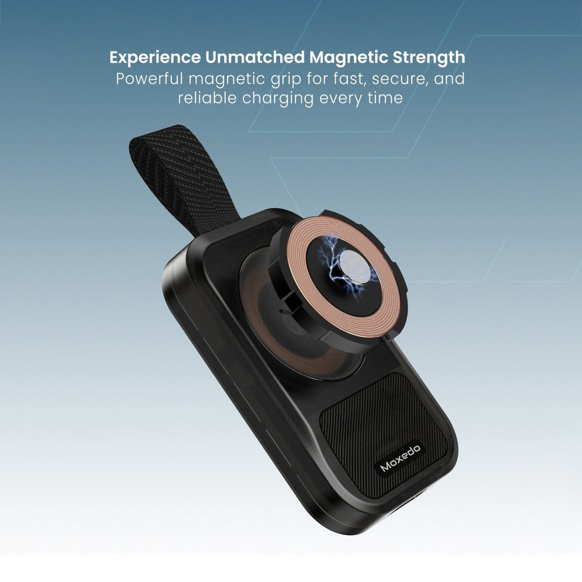 A Moxedo Portable Wireless Magnetic Watch Charger with a circular magnetic grip and a small display, shown on a blue gradient background with promotional text.