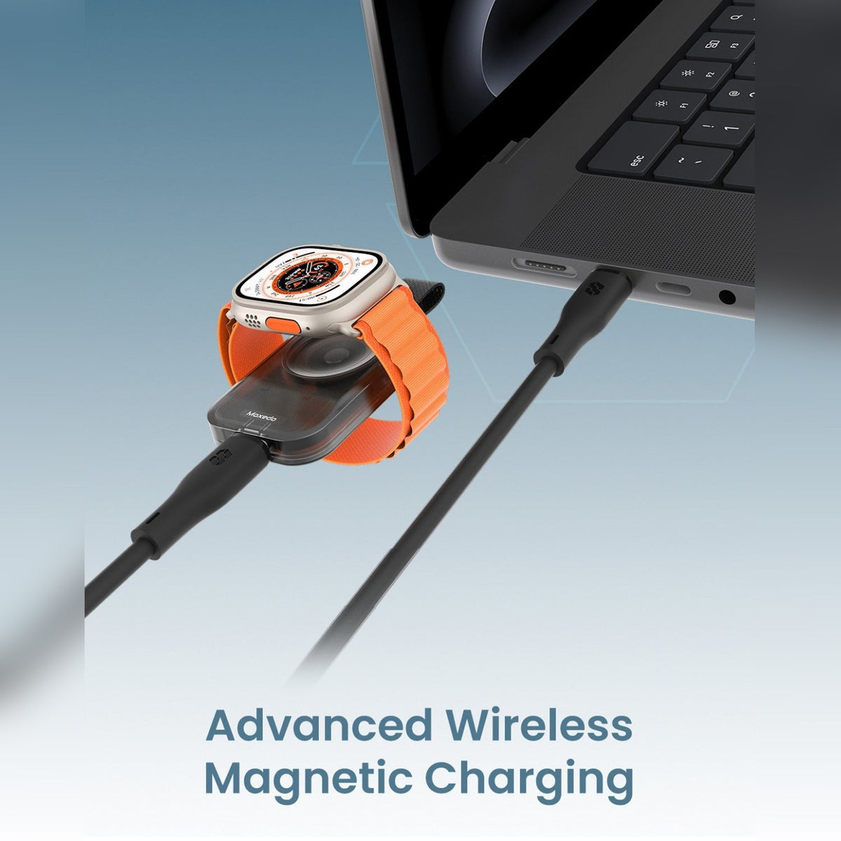 A smartwatch with an orange band is shown charging via Moxedo Portable Wireless Magnetic Watch Charger  to a laptop, with the text 'Advanced Wireless Magnetic Charging' below on a blue gradient background.