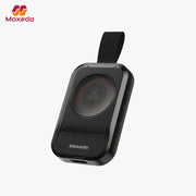 A Moxedo Portable Wireless Magnetic Watch Charger with a carrying strap, shown at an angle on a light gray background with the Maxedo logo in the top-left corner.