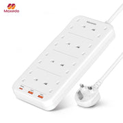 Maxedo power strip with multiple sockets and a plug on a white background