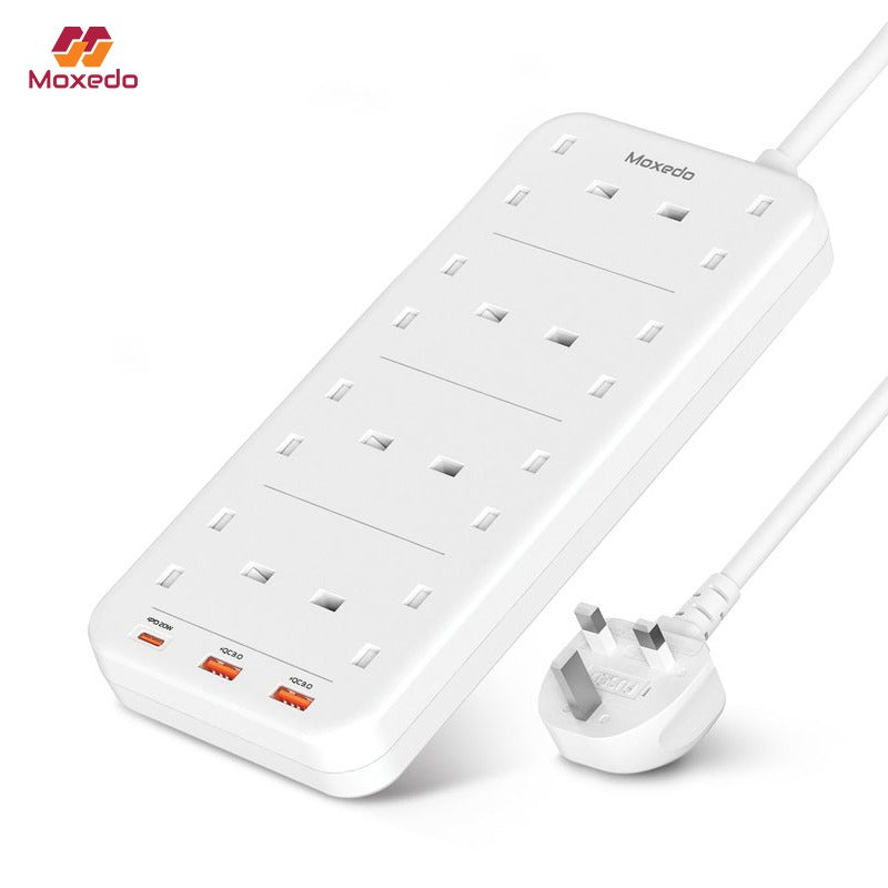Maxedo power strip with multiple sockets and a plug on a white background