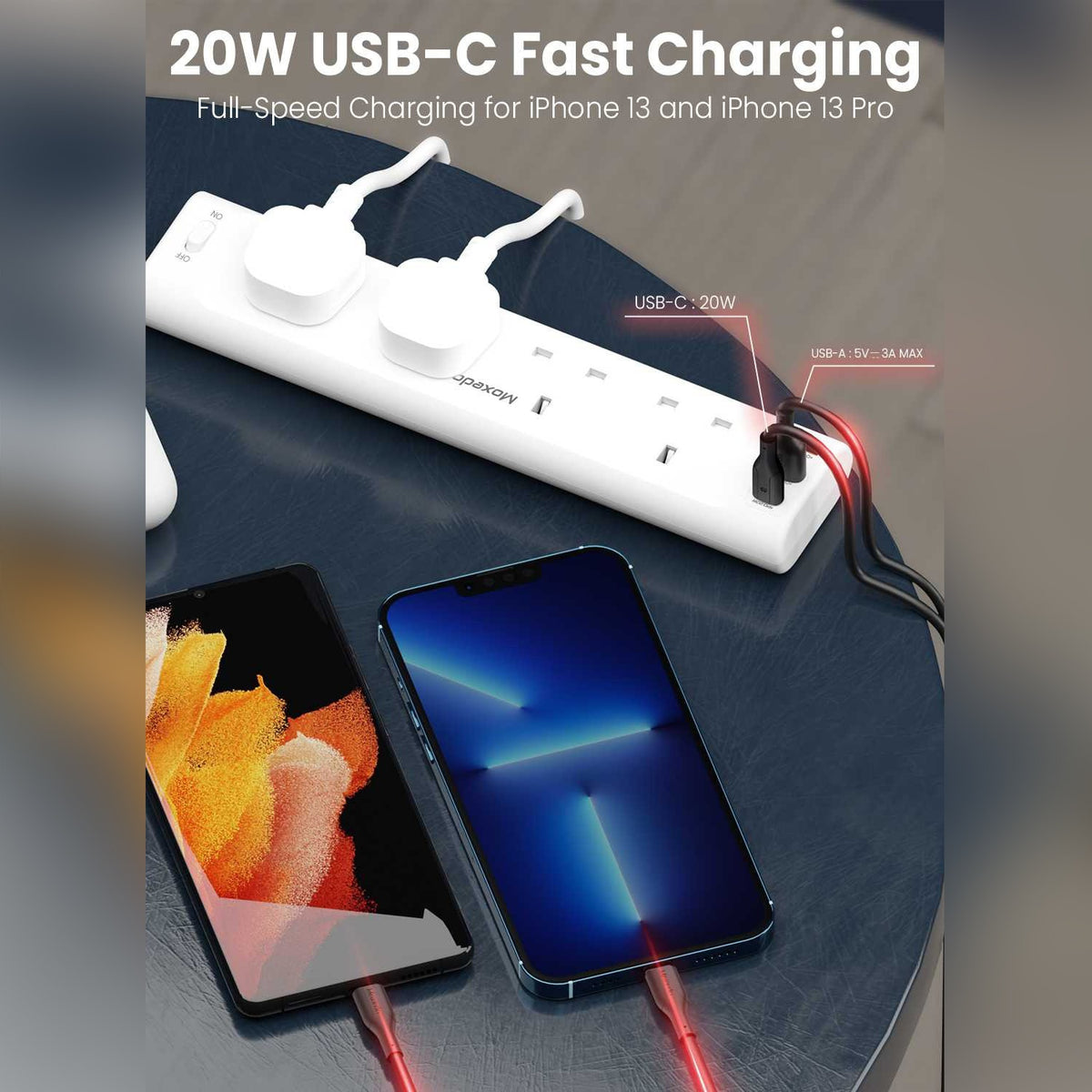 Moxedo Power Strip Surge Protector 20W USB-C Fast charging cable with two smartphones on a dark surface