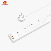 White Moxedo Power Strip Surge Protector with multiple outlets and USB ports on a white background, 