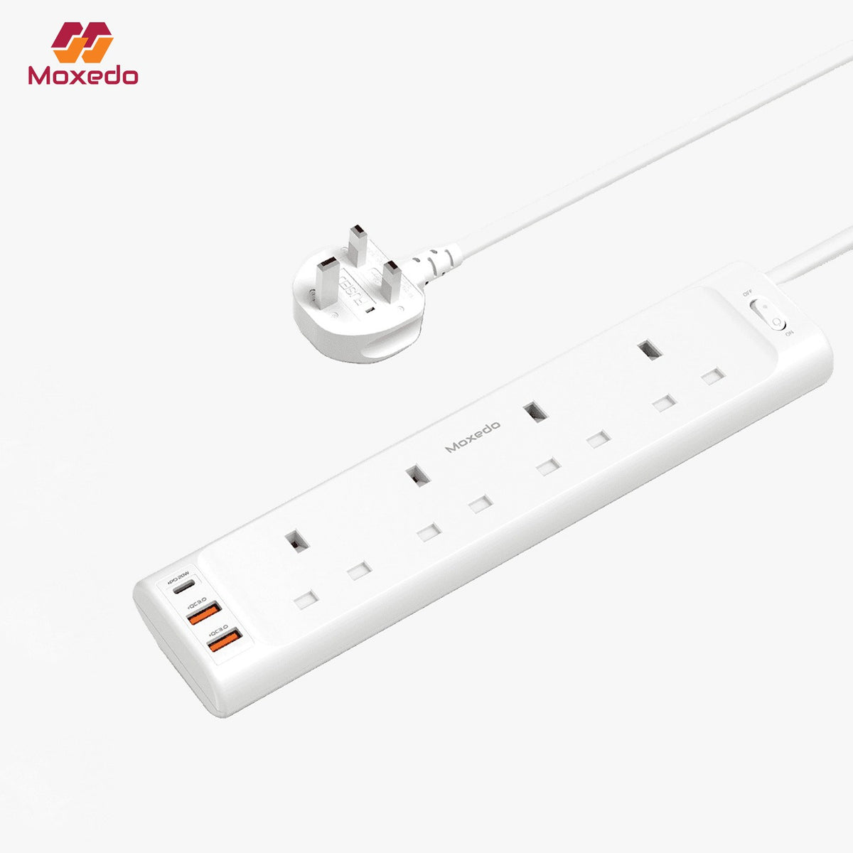 White Moxedo Power Strip Surge Protector with multiple outlets and USB ports on a white background, 
