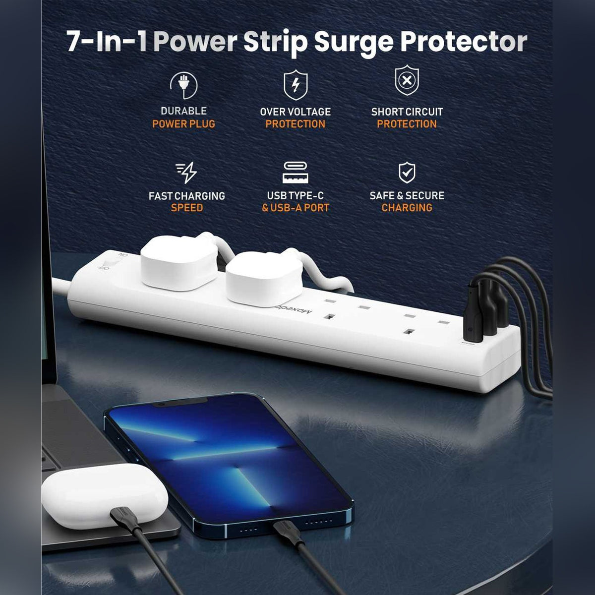 Moxedo Power Strip Surge Protector with multiple outlets and USB ports on a dark background