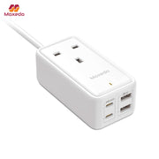 Moxedo Smart-Plug 65W GaN III Tech Extension Cord with multiple outlets and USB ports on a white background
