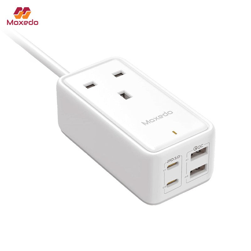 Moxedo Smart-Plug 65W GaN III Tech Extension Cord with multiple outlets and USB ports on a white background