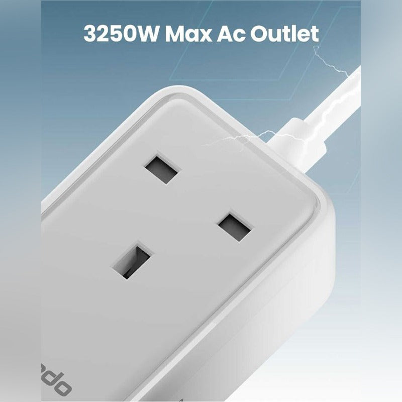 Moxedo Smart-Plug 65W GaN III Tech Extension Cord, labeled '3250W Max Ac Outlet', on a light blue background.