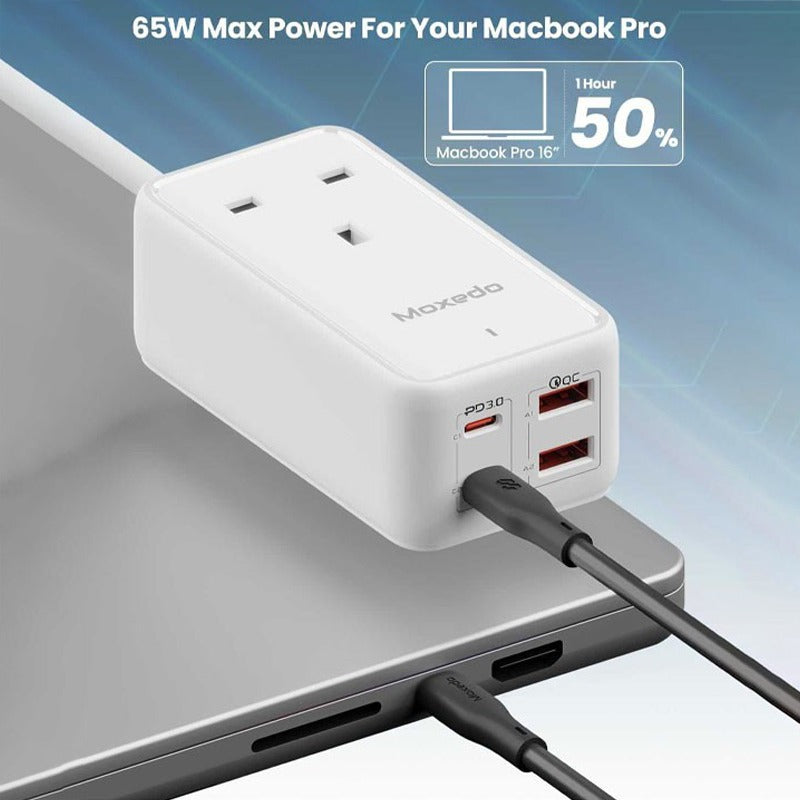 Moxedo Smart-Plug 65W GaN III Tech Extension Cord charging a MacBook Pro with text about power output.