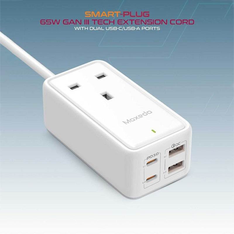 Moxedo Smart-Plug 65W GaN III Tech Extension Cord with USB ports on a gradient blue background