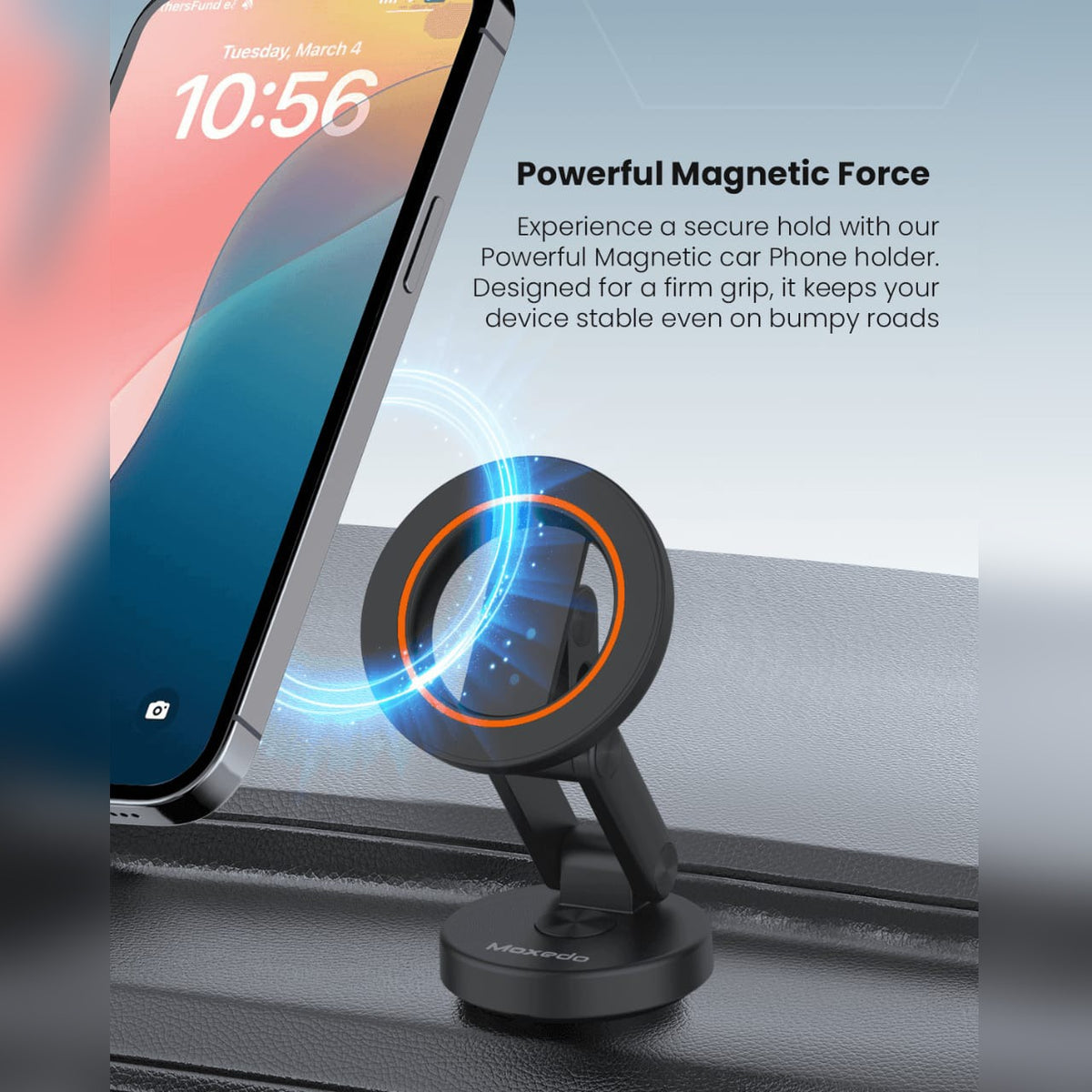 Moxedo Snap-On Magnetic Car Phone Holder is Placed at Car's Dashboard.