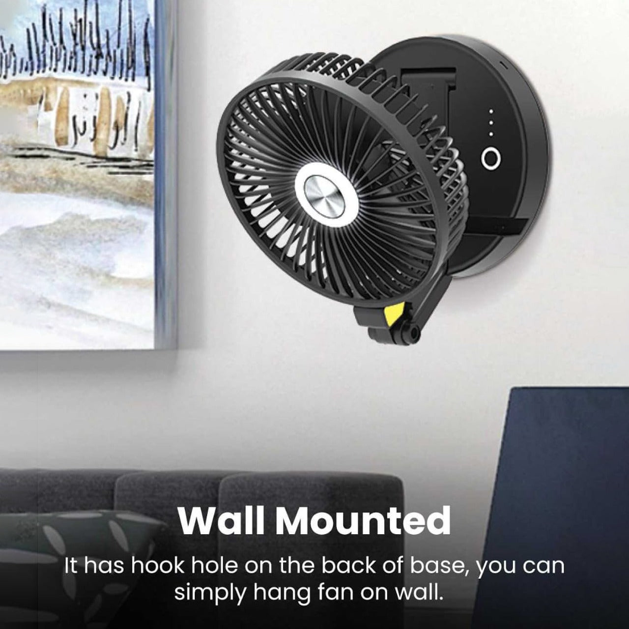 A Moxedo Wall Mounted Oscillating Cordless Foldable Fan is Attached on the Wall Of Living Area.