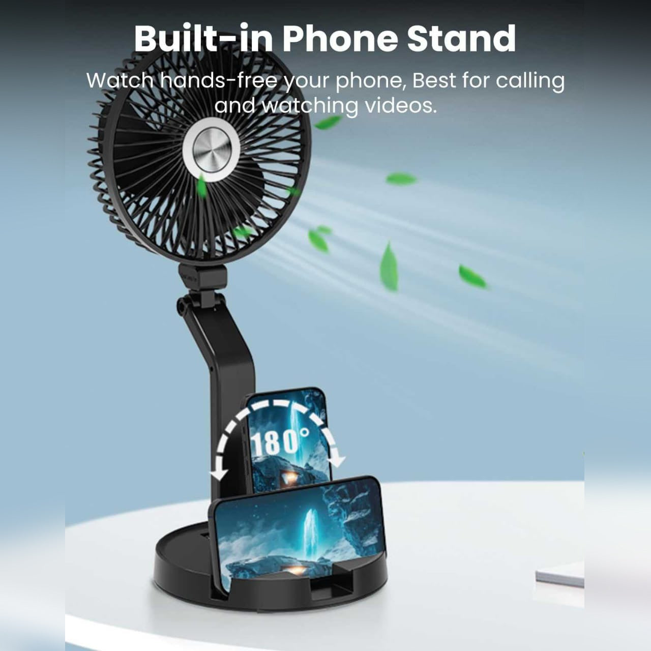 A Mobile Phone is Placed on a Mobile Stand of Moxedo Wall Mounted Oscillating Cordless Foldable Fan.
