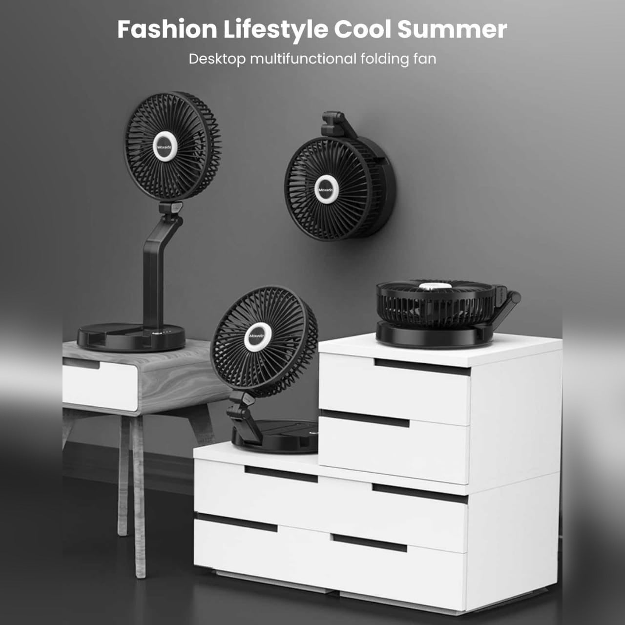 Moxedo Wall Mounted Oscillating Cordless Foldable Fan is Placed on Desk and Wall.