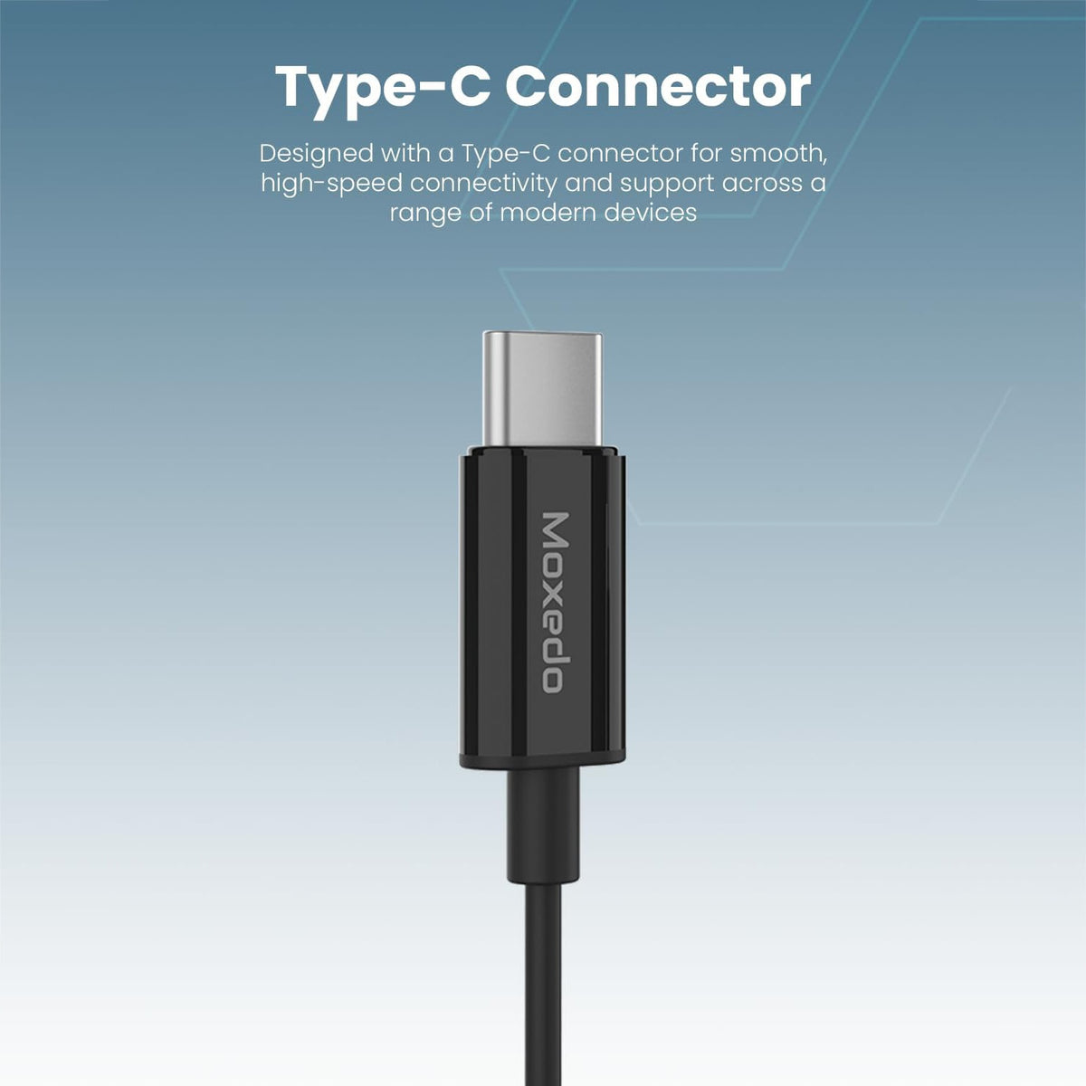 A Moxedo Wired Stereo Earphone with Type-C connector cable shown against a blue gradient background with descriptive text at the top.