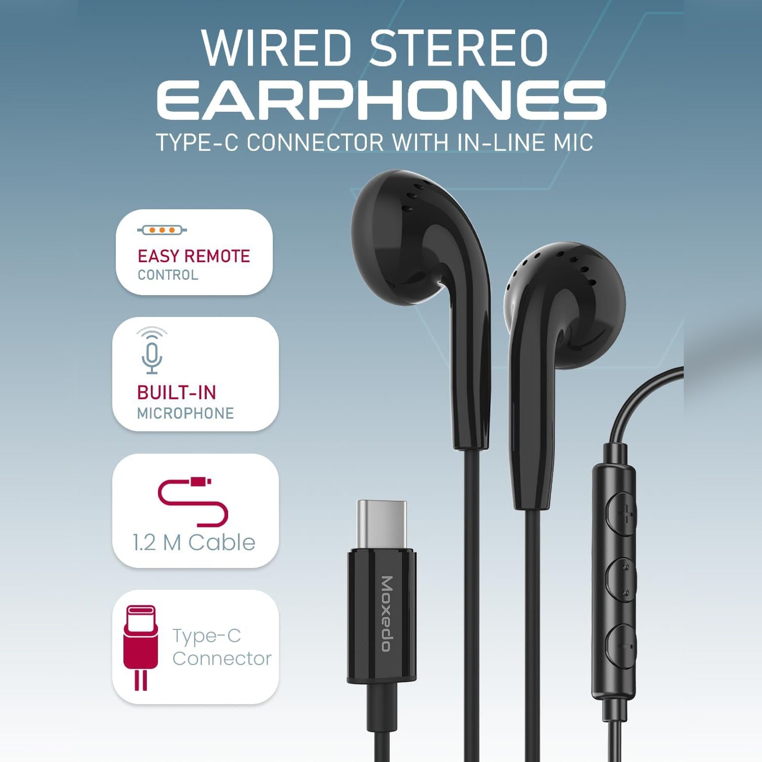 BlackMoxedo Wired Stereo Type- C Earphone with a built-in inline microphone and a USB-C connector, shown on a blue gradient background with feature callouts including easy remote control, built-in microphone, 1.2 m cable, and Type-C connector.