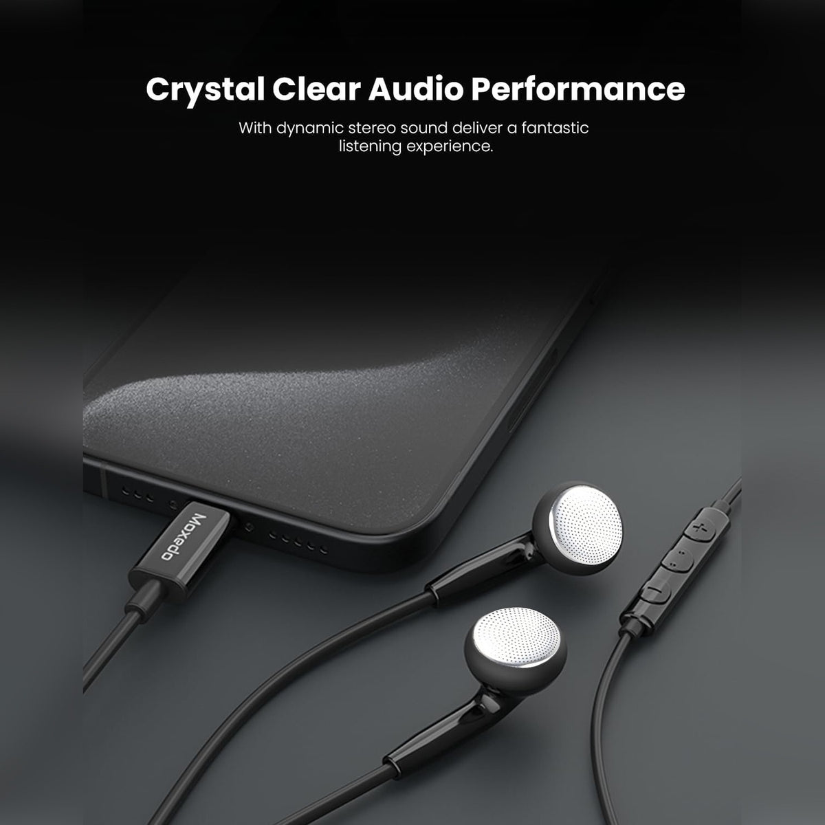 Black Moxedo Wired Stereo Type- C Earphone with a 3.5mm jack, shown connected to a laptop with promotional text at the top reading 'Crystal Clear Audio Performance'.