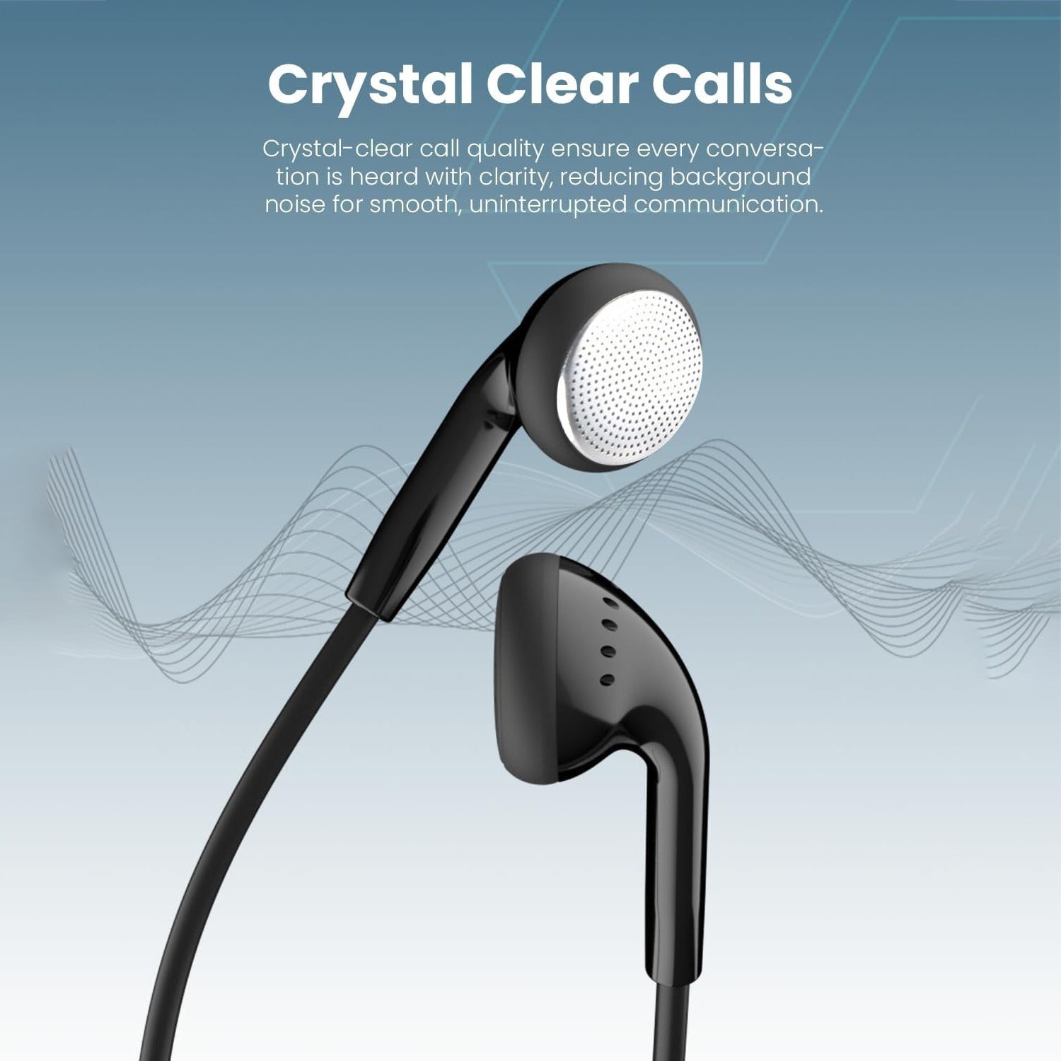 Moxedo Wired Stereo Type- C Earphone shown on a blue gradient background with marketing text reading 'Crystal Clear Calls' and decorative soundwave graphics.