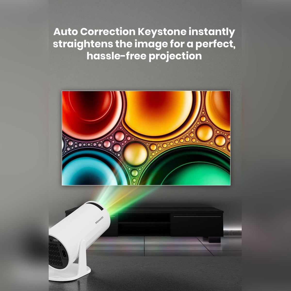 Moxedo Zentra Smart Gaming Projector with Auto Correction Keystone feature projecting a colorful image onto a screen.