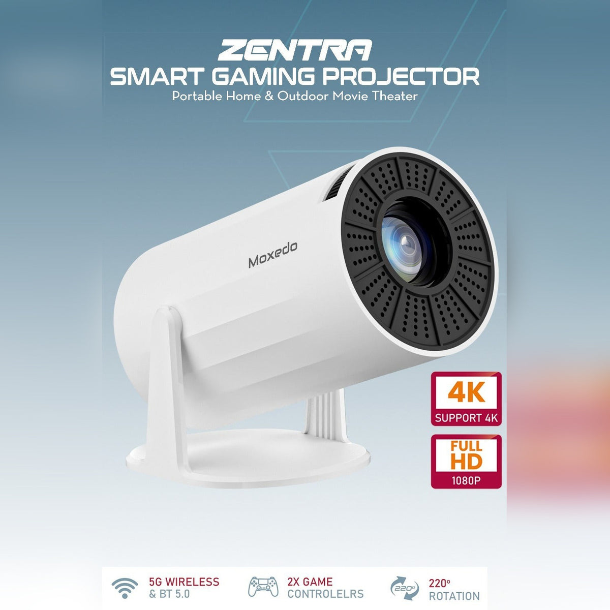 Moxedo Zentra Smart Gaming Projector with Maxedo branding on a gradient background