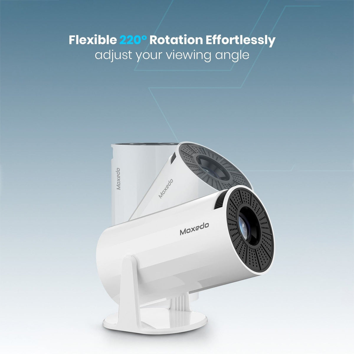 Moxedo Zentra Smart Gaming Projector with 220-degree rotation feature on a gradient blue background