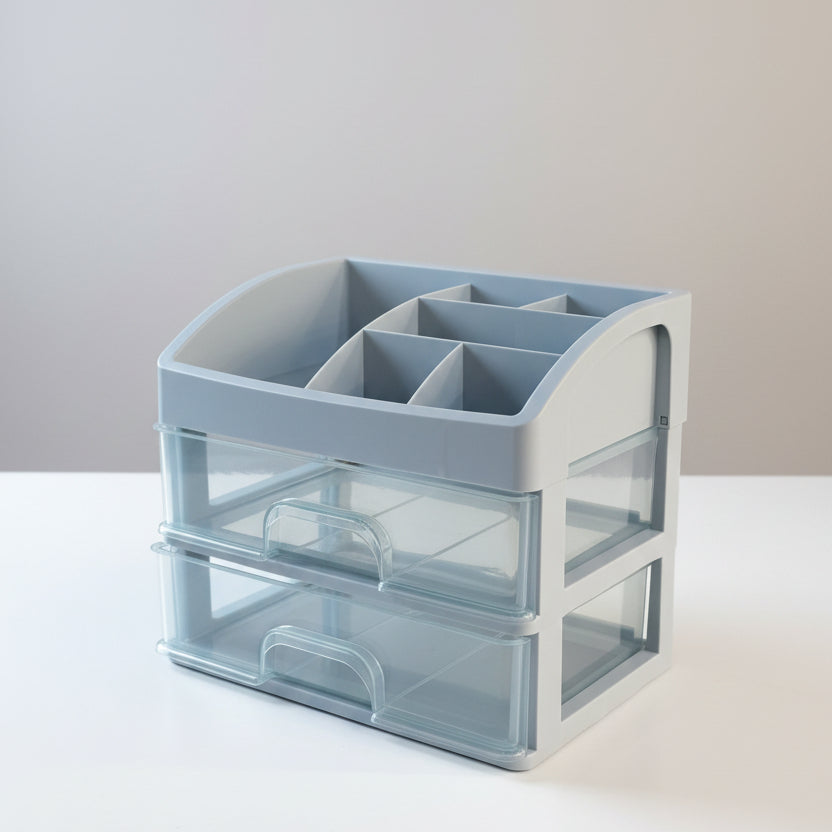 Multi-Compartment Makeup Organizer on a table.
