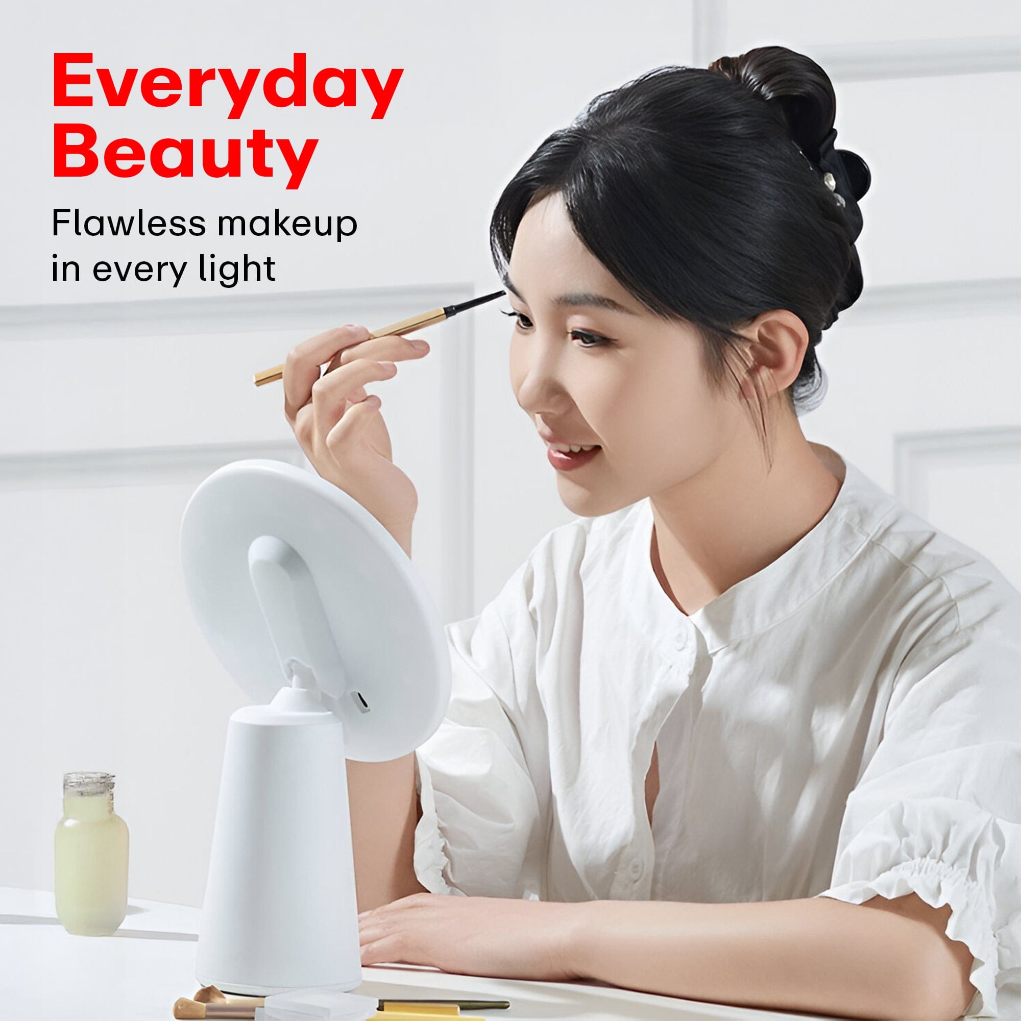 A Woman is Doing Her Makeup Using Multi-Functional Beauty Makeup  Mirror.