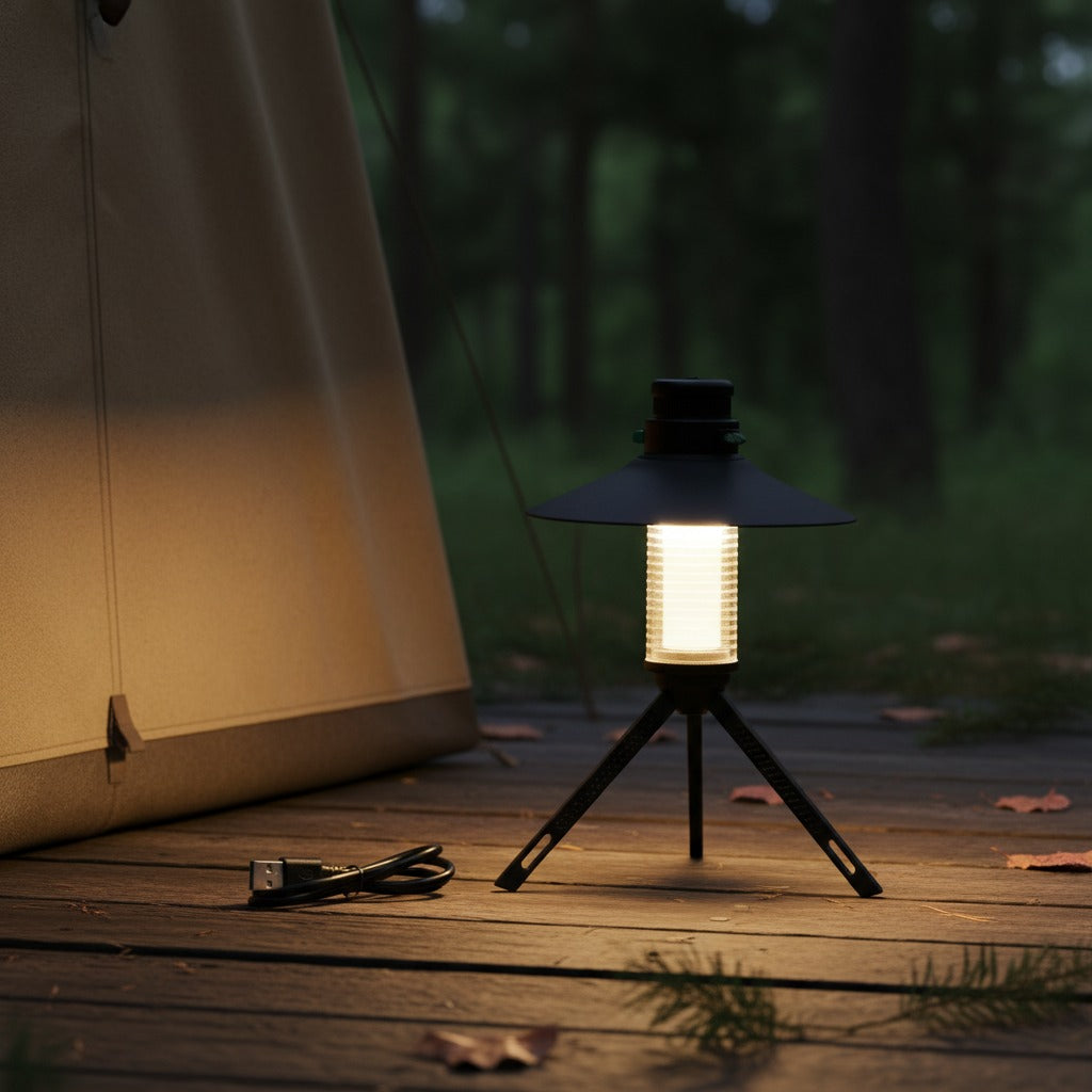 A Multi-Functional Lighthouse Camping Light is Kept Near Cmping Tent.