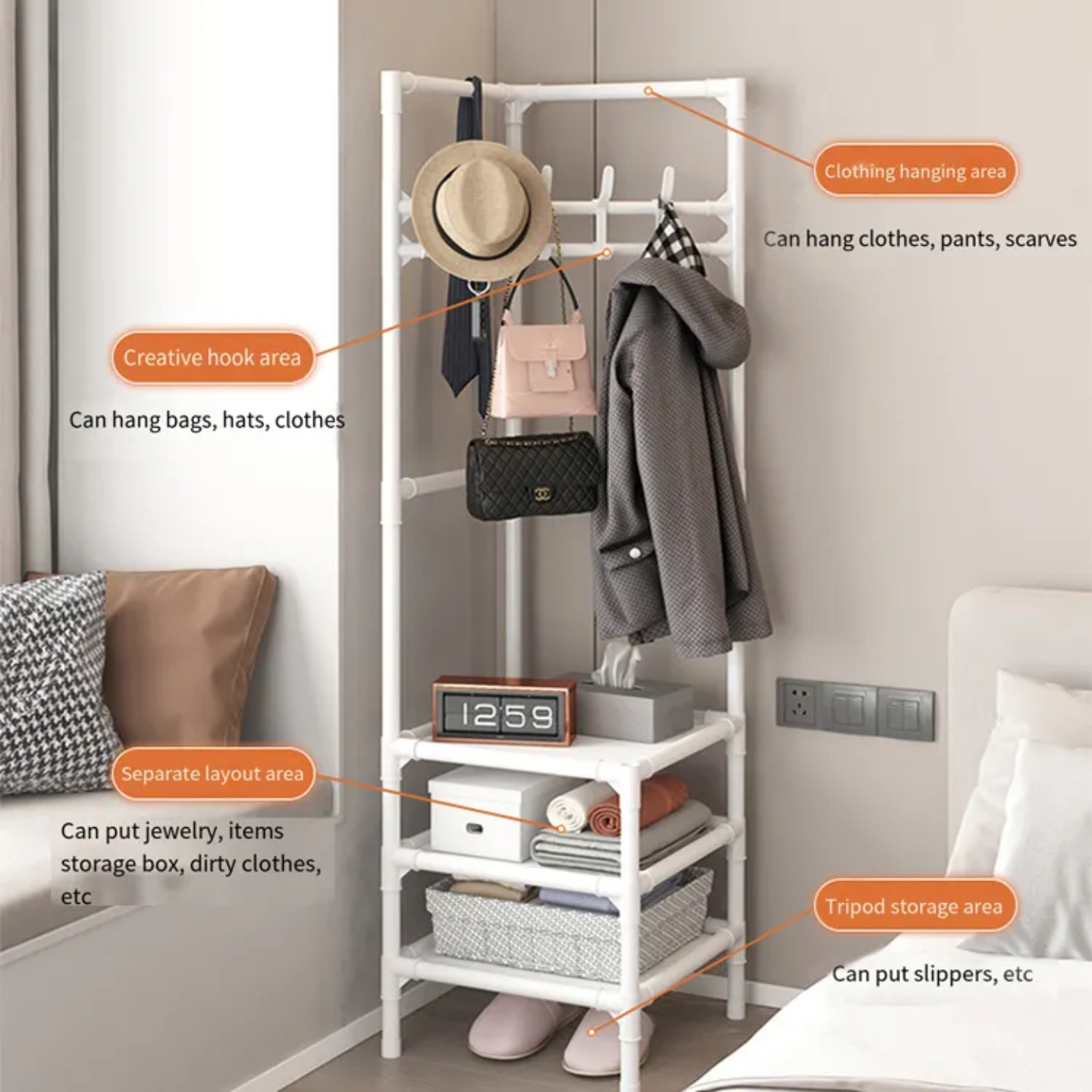 Multi-Layer Clothing Rack with Cloth, Bags  and Hat are Organized.