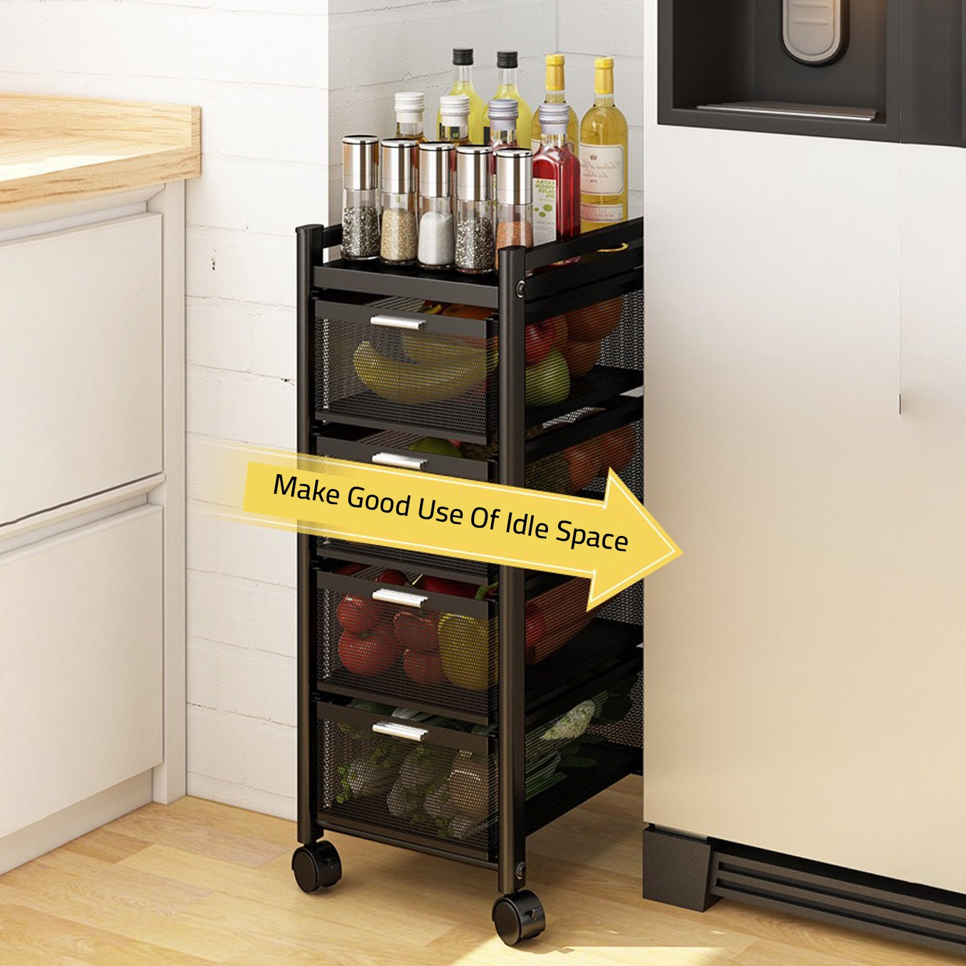 Multi-Layer Drawer Kitchen Trolley Rack Organized With Fruits and Vegetables.