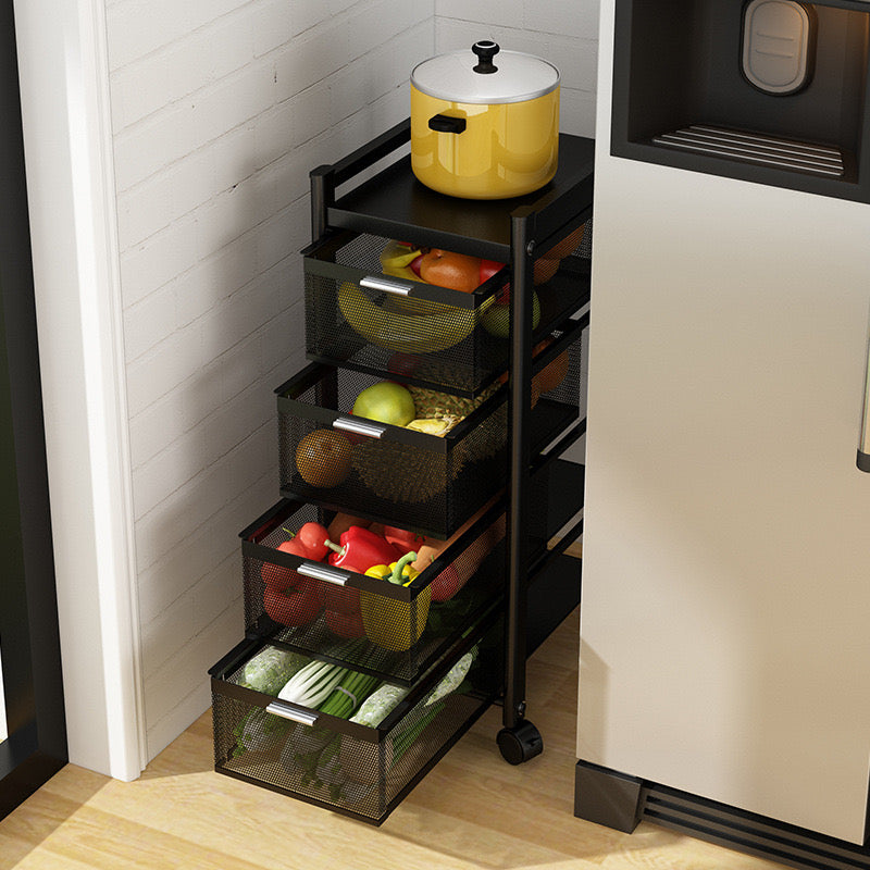 Multi-Layer Drawer Kitchen Trolley Rack in Black Color.