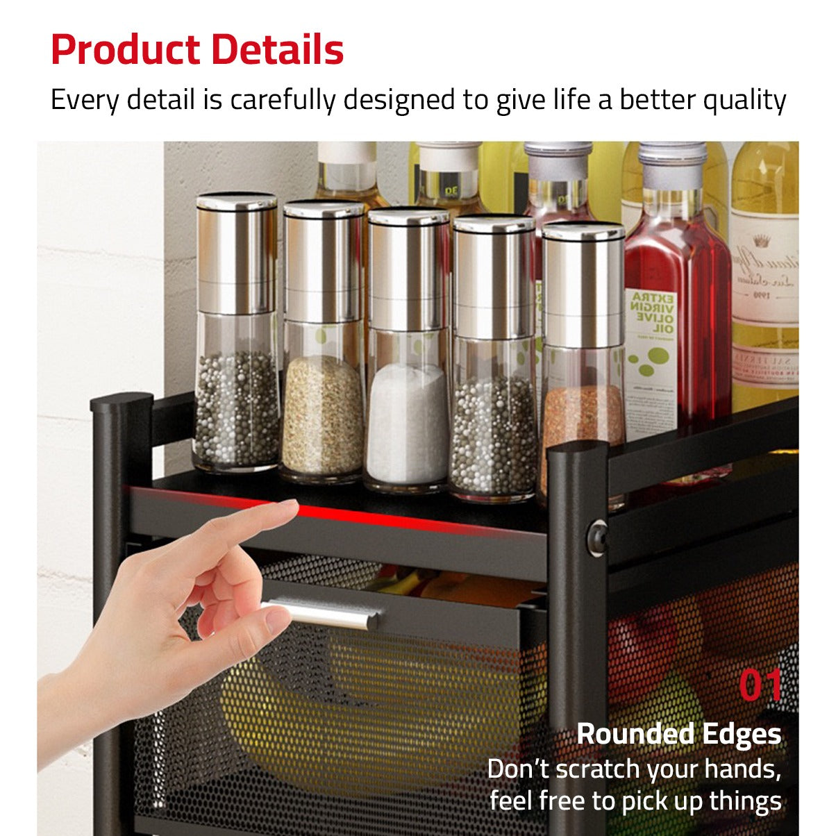 Multi-Layer Drawer Kitchen Trolley Rack Organized With Storage Dispensers.