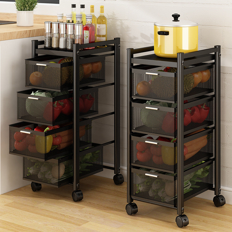 Multi-Layer Drawer Kitchen Trolley Rack Organized With Fruits and Vegetables.