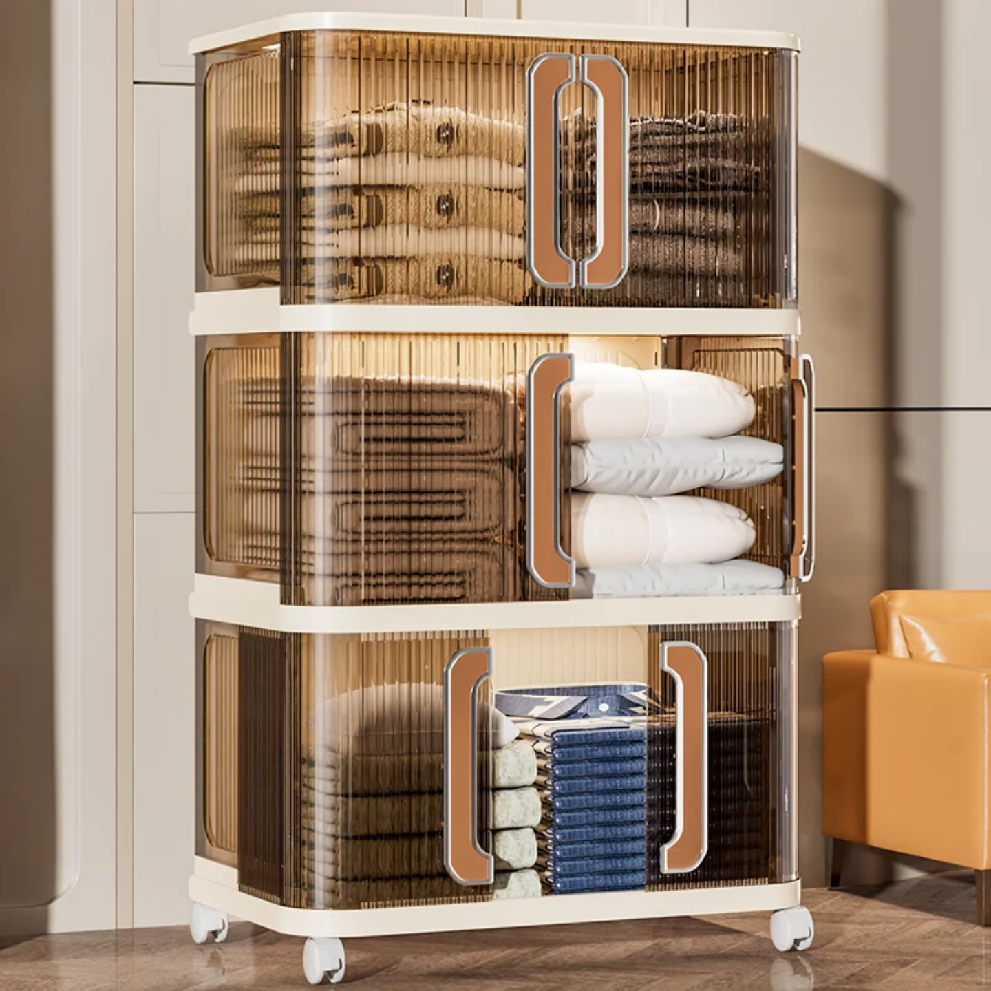 A Multi-Layer Movable Storage Cabinet is Organized with Clothes.