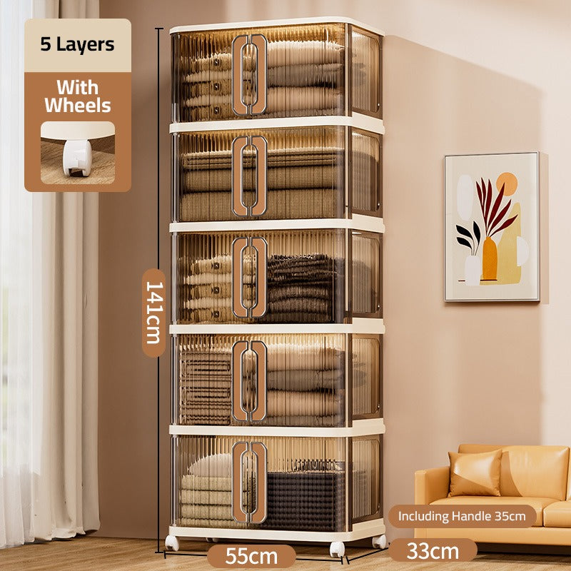 A Multi-Layer Movable Storage Cabinet Organized with Quilts.